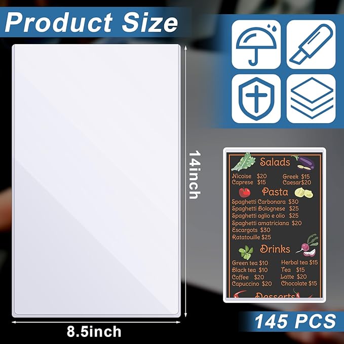 Henoyso 145 Pcs 8.5" x 14" Menu Cover Rigid Print Protectors Clear Heavy Duty - Image 3