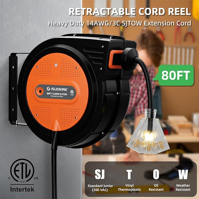 80FT Retractable Extension Cord Reel, 14 AWG/3C SJTOW Heavy Duty Power Cord - Image 2