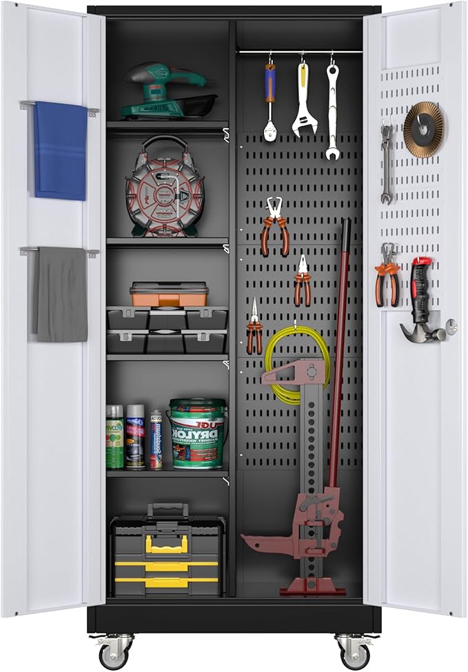 Aobabo Metal Broom Closet Storage Cabinet on Wheels and 2 Lockable Doors by Aobabo