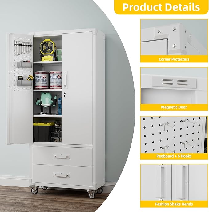 Garage Storage Cabinet with 2 Drawers and Pegboard, Metal Storage Cabinet with - Image 9