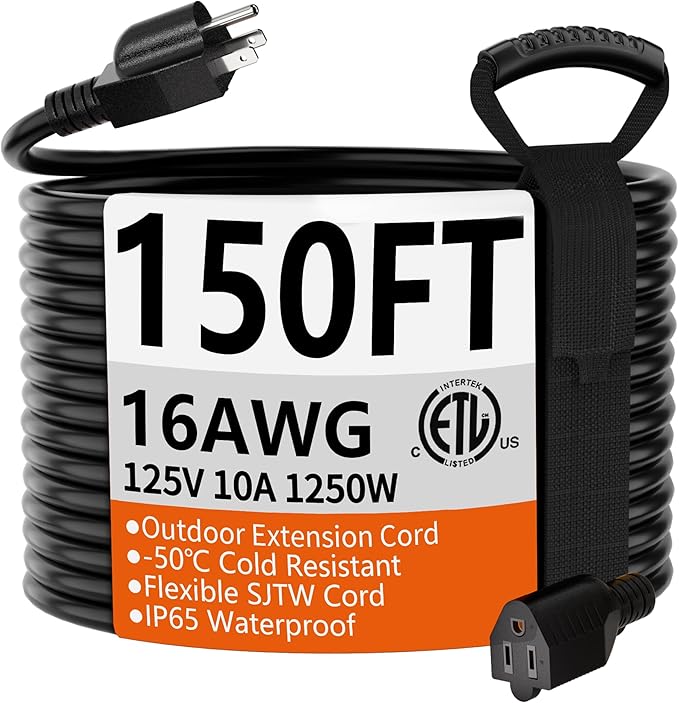 HUANCHAIN 150 FT 16 Gauge Black Indoor Outdoor Extension Cord Waterproof by huanchain