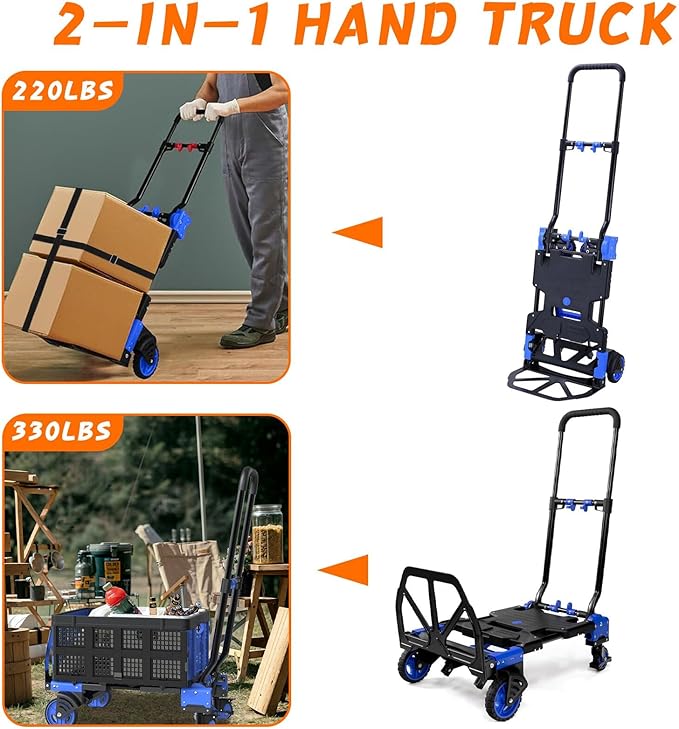 2-in-1 Folding Hand Truck with Retractable Handle, 330LBS Capacity Heavy Duty - Image 3