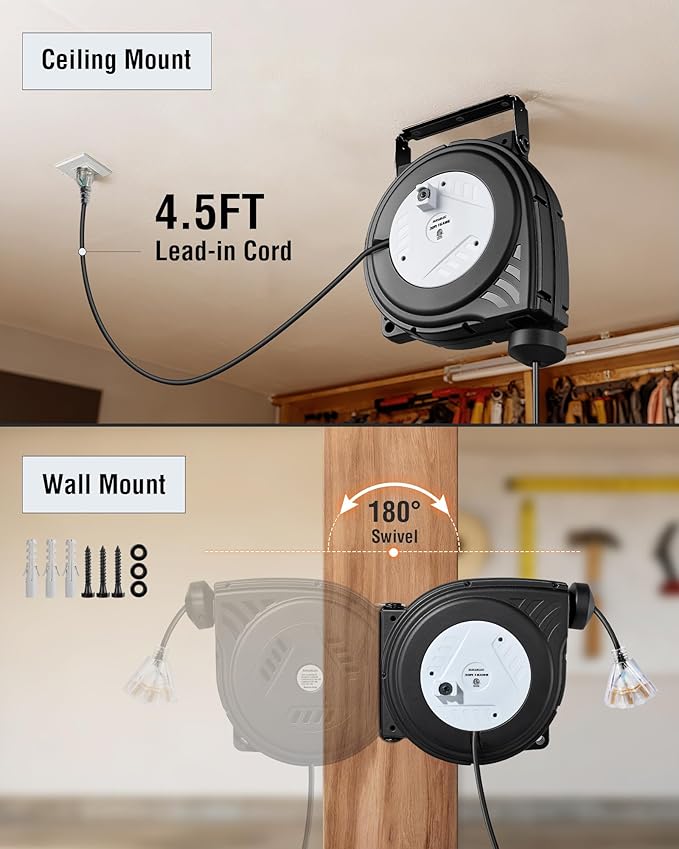 SURAIELEC 30 FT Retractable Extension Cord Reel, 16AWG SJTW Power Cord - Image 5