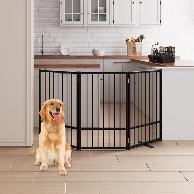 3 Panels Full Metal Freestanding Dog Gates, 60” W x 32” H Folding Pet Gate Fence by Unknown