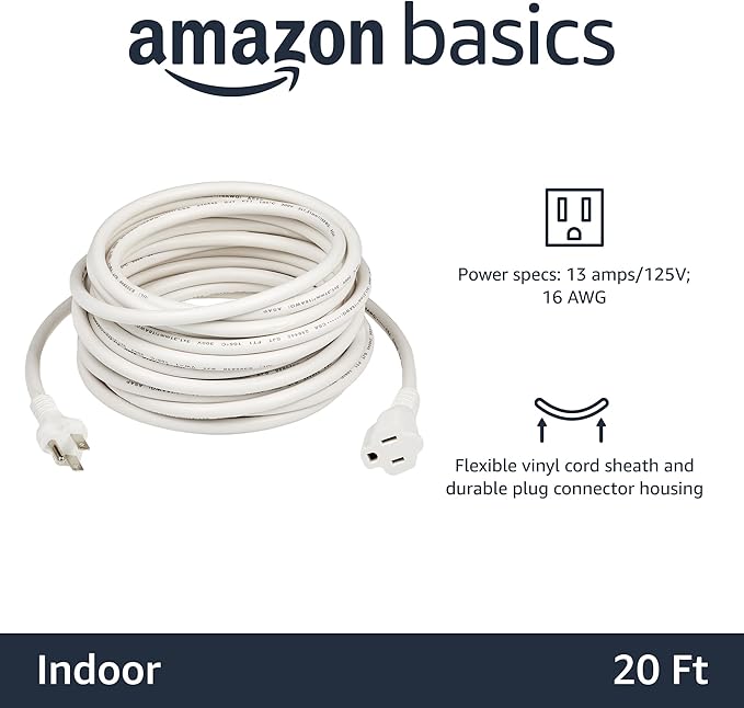 Amazon Basics Extension Cord, 20 Ft, 3 Prong Outlet Extender, Indoor Extension - Image 2