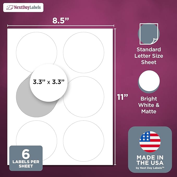 NextDayLabels 3.33 Inch Round Matte White Labels - Image 2