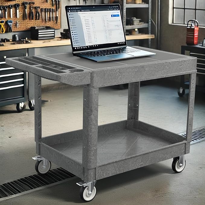 Large Garage Flat Top Utility Cart, Heavy Duty 2 Shelf Tool Cart Service Cart - Image 2