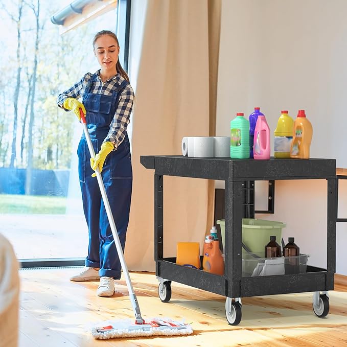 Utility Cart on Wheels, 2 Shelf Heavy Duty Large Flat Top Rolling Cart - Image 7