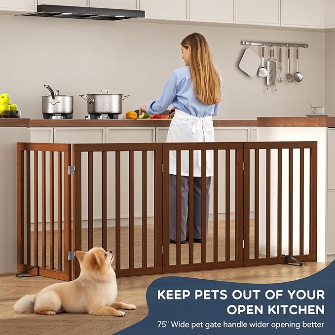 Homykic Bamboo Freestanding Dog Gate, No Assembly Pet Gate Indoor, 24”H x 75”W - Image 4