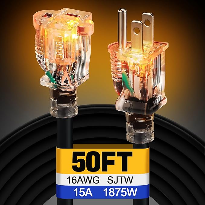 Lighted End Heavy Duty Outdoor Extension Cord Waterproof -16AWG, 3 Prong by Alphatool