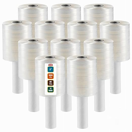 12 Pack Industrial Strength Mini Hand Stretch Wrap 5" 1000 Ft Roll 80 Gauge by SimplyCool