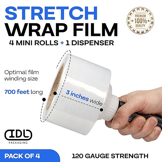 IDL Packaging 3" Stretch Wrap Mini Roll, 700 feet, 120 Gauge - Image 2