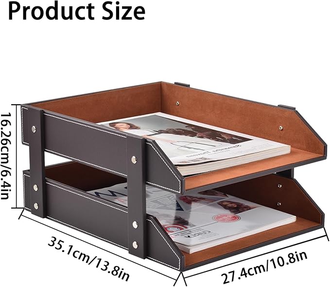 Leather Desk Organizer, 2-Tier Stackable Letter Tray Holder, Office Supplies - Image 2