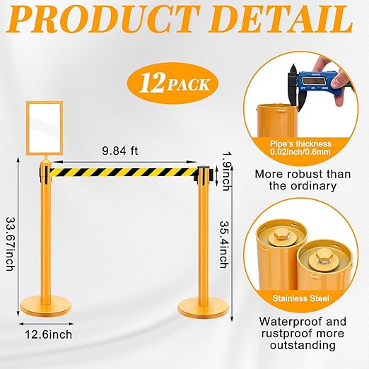 Therwen 12 Pack Heavy Duty Crowd Control Stanchions 9.8 ft Stainless Steel - Image 2
