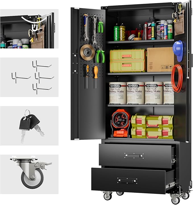 Garage Storage Cabinet with 2 Drawers and Pegboard, Metal Storage Cabinet with by REEMOON