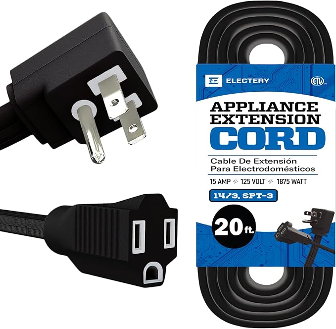 20 ft Heavy Duty Appliance Extension Cord, 14 AWG, 15A 125V 1875W, 3 Prong Flat by ELECTERY