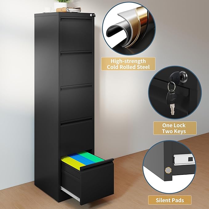 5 Drawer File Cabinet with Lock, Vertical Filing Cabinets - Image 4