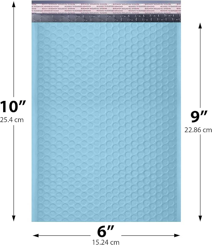 Light Blue Small Poly Bubble Mailers 6x10 inch #0 | Self Seal Padded Envelopes - Image 2