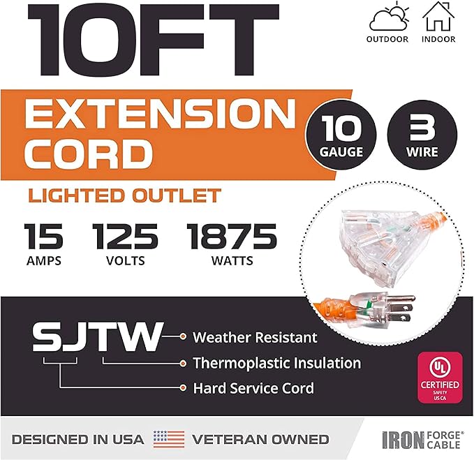 Iron Forge Cable 10 Gauge 10ft Lighted Outdoor Heavy Duty Extension Cord - 15 - Image 2