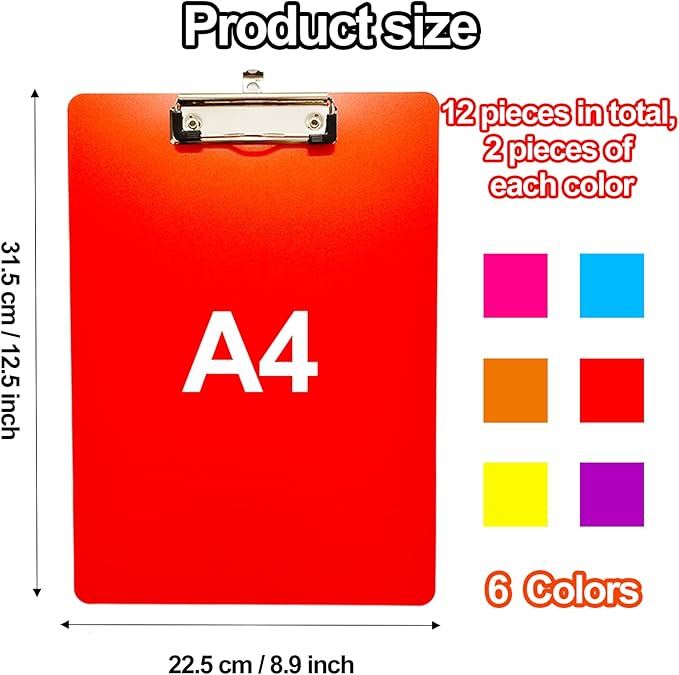 12 Pack Plastic Clipboards, Office Clipboards Standard A4 Letter Size, Colorful - Image 2