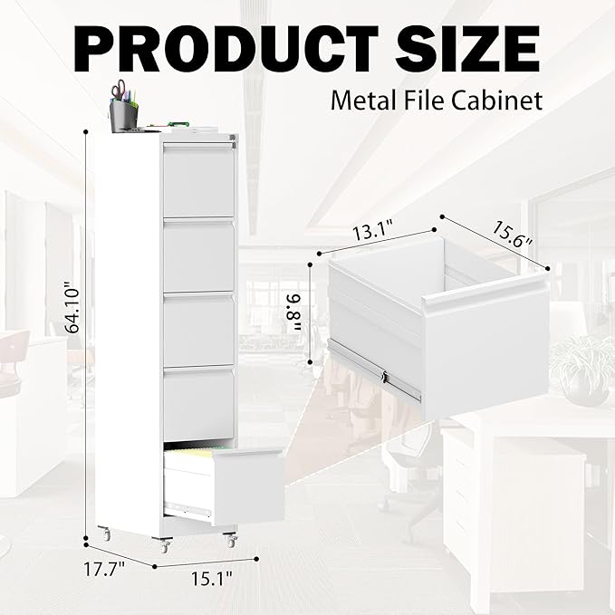 5 Drawers Filing Cabient with Wheel, File Cabinet with Lock, Steel Vertical - Image 3