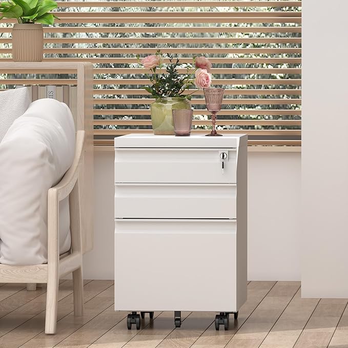 3 Drawer File Cabinet on Wheels, 25.6" H White Filing Cabinet - Image 5