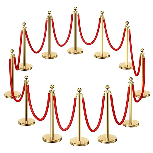 12pcs Sturdy Gold Stanchion Posts and 12pcs High Quality Red Carpet Velvet Ropes by CAMMOO