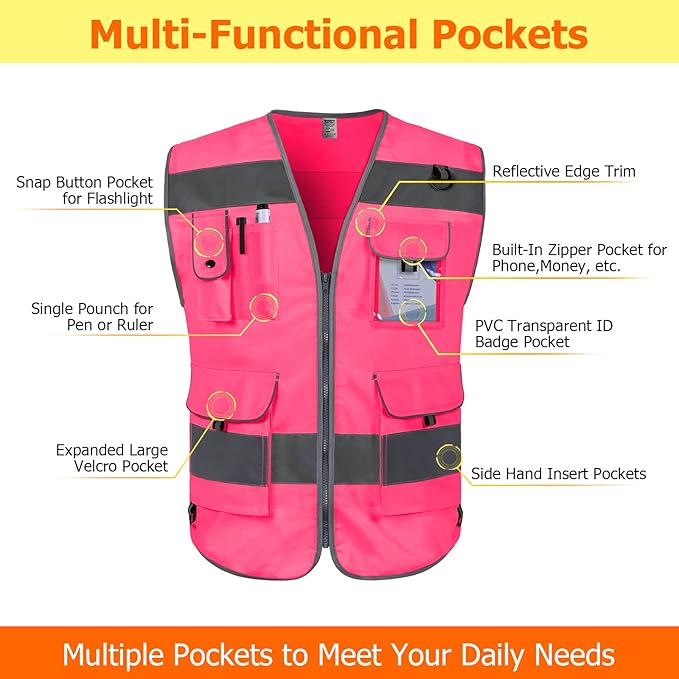 TCCFCCT Reflective Vest 9 Pockets High Visibility Safety Vest - Image 3