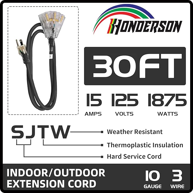3-Outlets Indoor Outdoor Extension Cord Weatherproof - Image 2