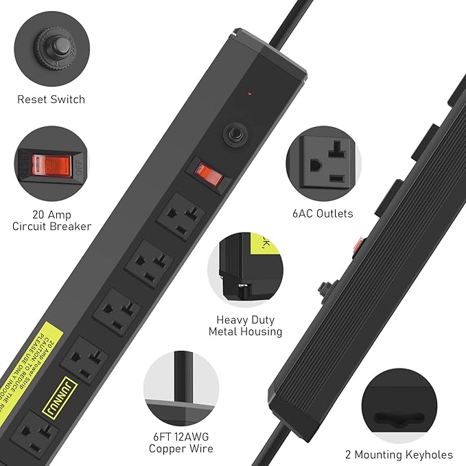 JUNNUJ Heavy Duty 20 Amp Power Strip 4800J, High Amp Surge Protector 6 Outlet - Image 2