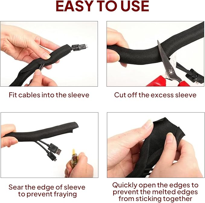 Black Braided Cable Management Sleeves Wire Loom Tubing Cord Protector - Image 9