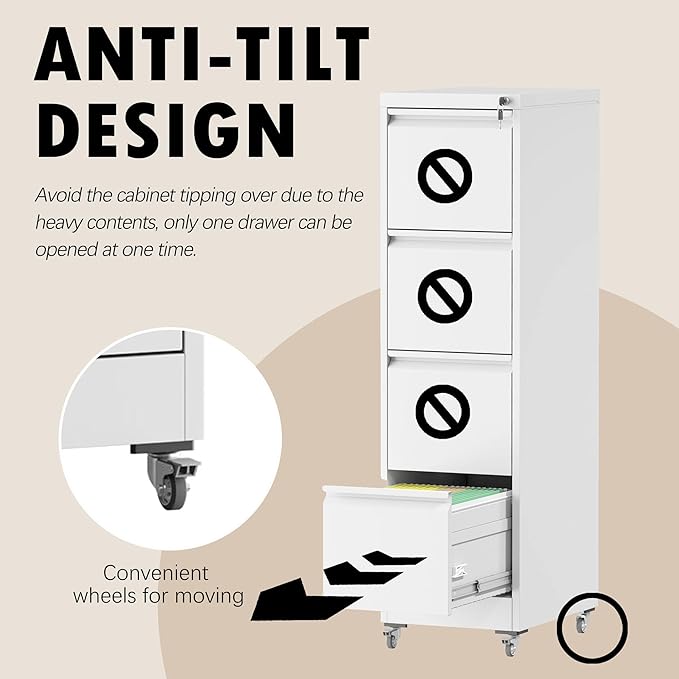 File Cabinet with Lock, 4 Drawers Filing Cabient with Wheel, Steel Vertical - Image 5