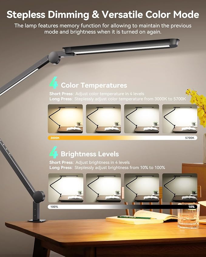LED Desk Lamp with Clamp, Architect Desk Lamp with Remote, Flexible Swing Arm - Image 3