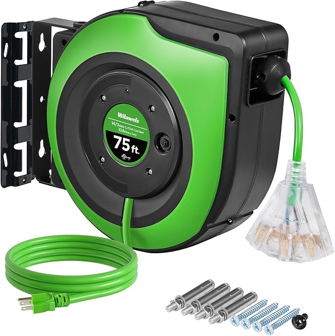 Retractable Cord Reel, 75 FT Heavy Duty Extension Cord, 14AWG/3C SJTOW by Wilawels