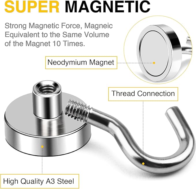 DIYMAG Magnetic Hooks, 50 LB Heavy Duty Magnets, 6 Packs Strong Rare Earth - Image 3