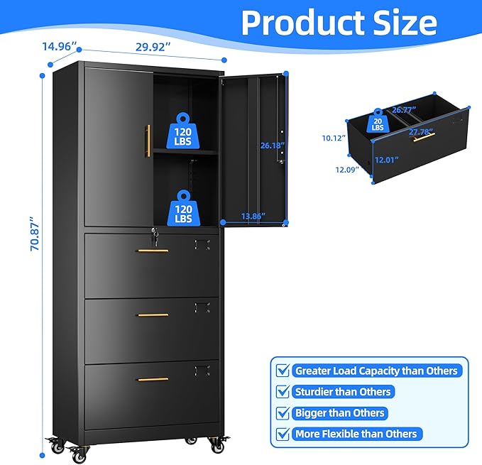 METAN Metal File Cabinet with 3 Drawers and 1 Shelves, Office Filing Cabinet on - Image 3