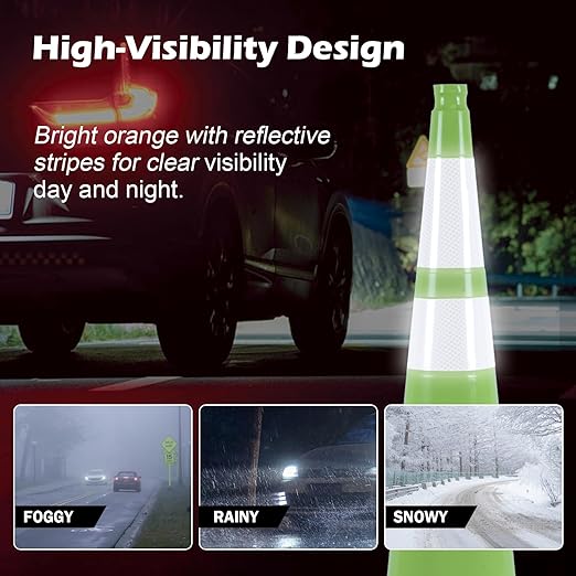 4 Pack 36 Inch Green PVC Traffic Cones Black Base Stable Large Size, Highway - Image 4