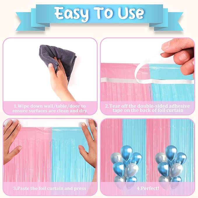 3 Pack 3.3 x 8.2 ft Pastel Blue and Pink Foil Fringe Backdrop Curtains - Image 4
