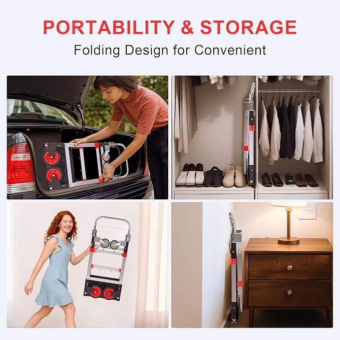 Upgraded 3 in 1 Aluminum Folding Hand Truck, 600lbs Capacity, Heavy Duty - Image 7