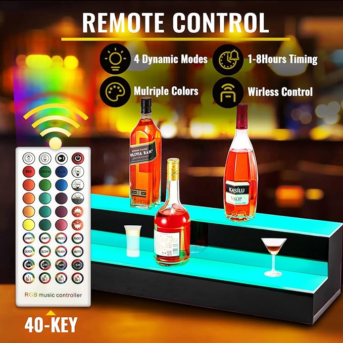 VEVOR LED Lighted Liquor Bottle Display Shelf, 2-Step 40-inch LED Bar Shelves - Image 2