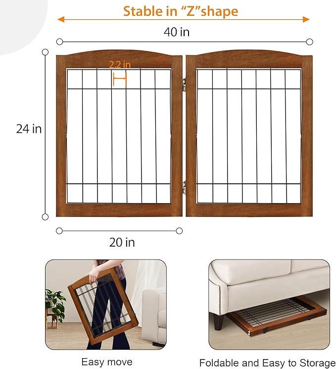 LZRS 2-Panel Freestanding Foldable Wood Dog Gate – Solid Wood & Steel Wire - Image 5