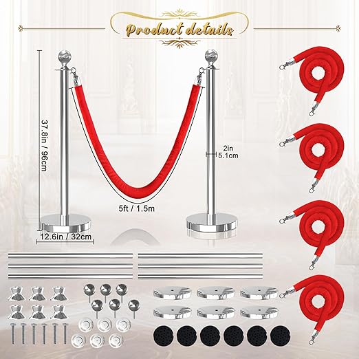 6Pcs Sliver Stanchion Post Queue Velvet Ropes and Posts - Image 2
