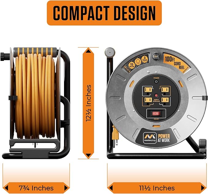 Masterplug 100ft Cord Reel, Metal Cable Drum, Retractable Extension Lead - Image 7