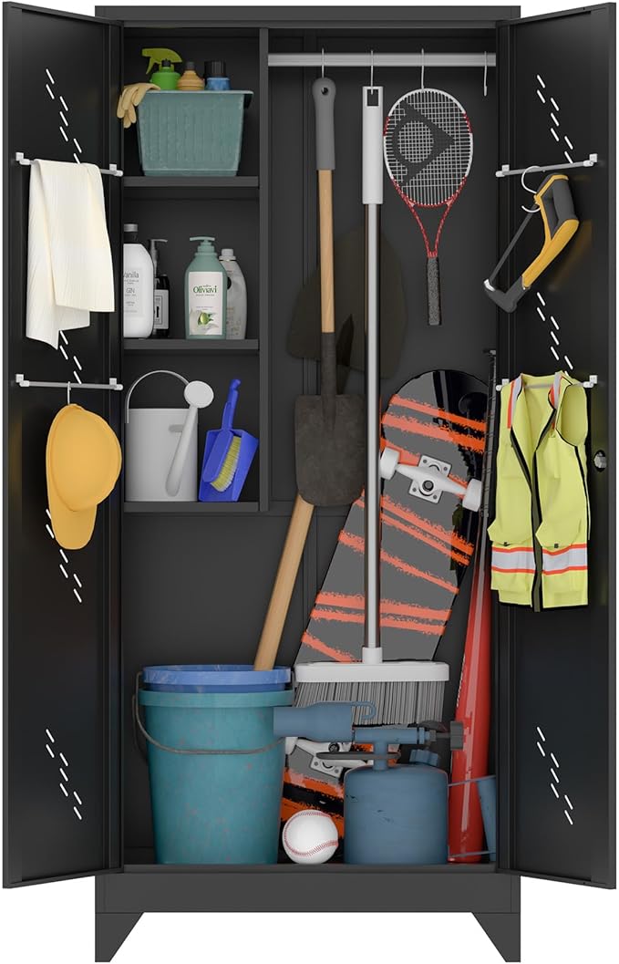 Metal Storage Cabinet with Locking Doors, Broom Closet/Freestanding Bathroom by OSEILLC
