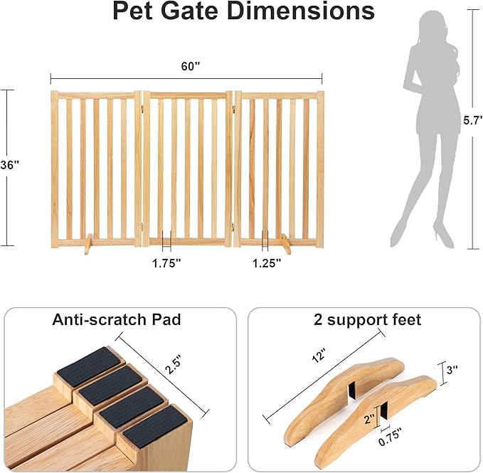 36" Height Extra Tall Freestanding Pet Gate, Solid Wood Folding Safety Fence - Image 2