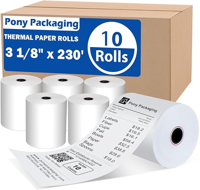 10 Rolls 3 1/8 x 230 Thermal Paper Receipt Rolls Cash Register POS Receipt by PonyPackaging