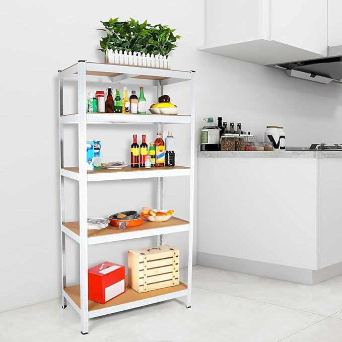5-Tier Laminated White Metal Shelving Unit, Adjustable Heavy Duty Storage Rack - Image 2