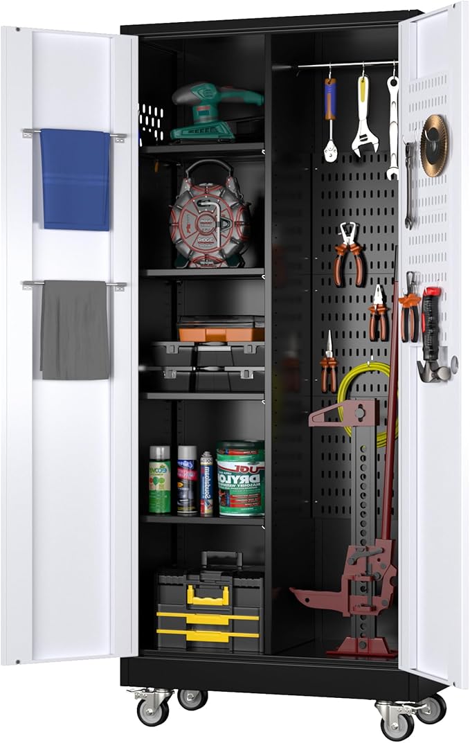 Garage Storage Cabinet with Wheels, Broom Closet Storage Cabinet with Pegboards by GLADIW