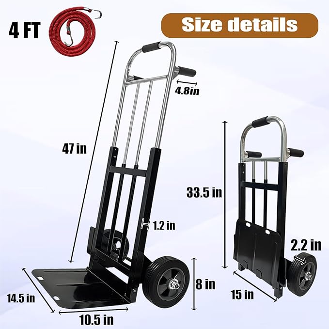 800 LB Dolly Cart with 8" Solid Rubber Wheels, Heavy Duty Folding Hand Truck - Image 5