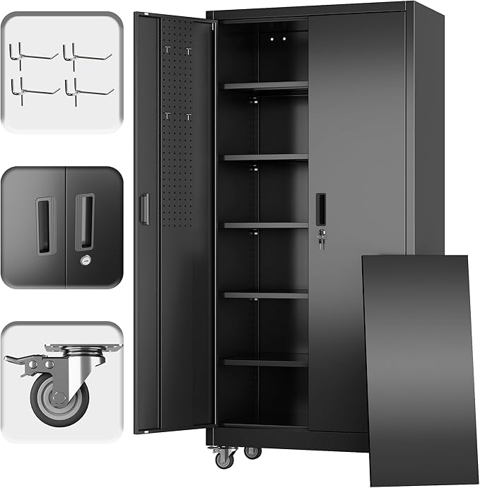 Metal Storage Cabinet with Wheels and Pegboard, Assembly Required by GANGMEIMENTALSTORAGECABINET